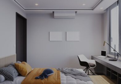 Quarto moderno com decoração funcional e iluminação suave, mostrando como deixar um apartamento pequeno aconchegante e bem organizado.