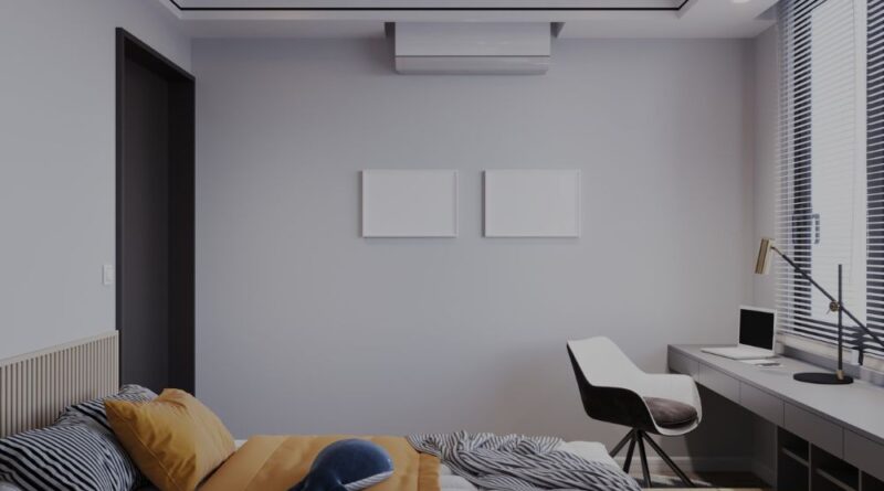 Quarto moderno com decoração funcional e iluminação suave, mostrando como deixar um apartamento pequeno aconchegante e bem organizado.